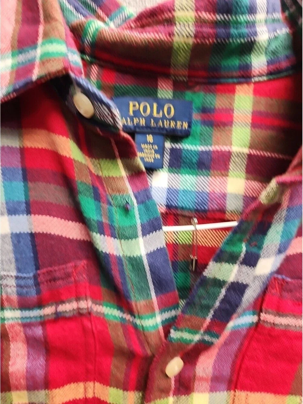 Polo Ralph Lauren Girls Flannel Red Plaid Shirt Dress Ruffel Hem Size 16